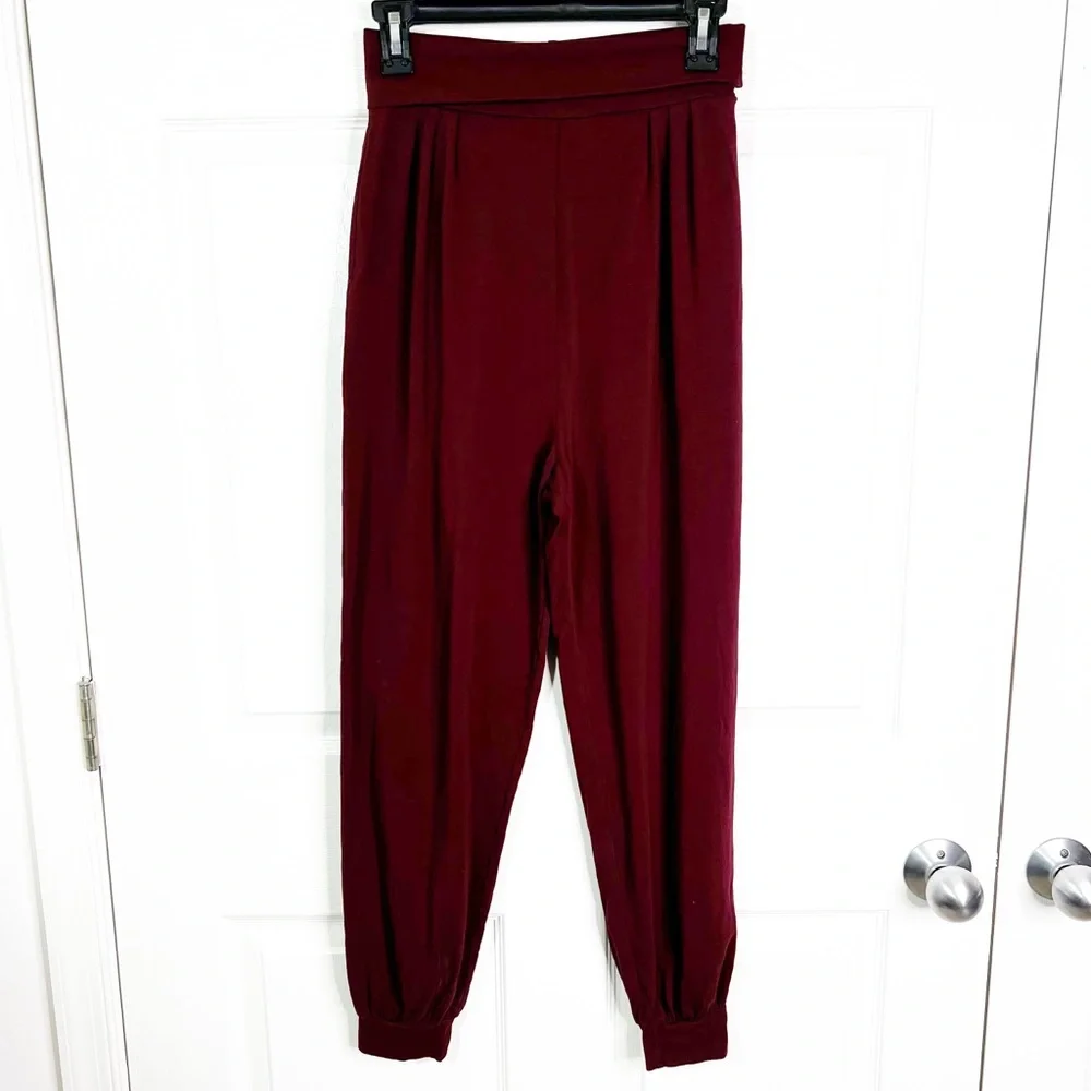Hello Nite! Jersey Knit Wide Leg High Waisted Fold Down Jogger Pants Wine Sz S - Picture 1 of 6